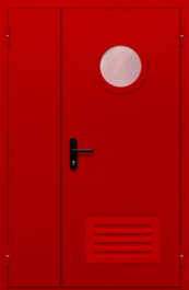 Фото двери «Полуторная с круглым стеклом и решеткой (красная)» в Дмитрову